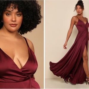 LULU's Prom Wedding Bridesmaid Burgundy Satin Thigh Slit Gown